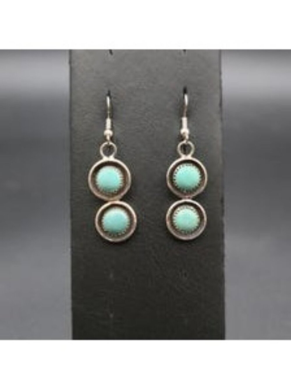 Sterling Silver Turquoise Drop Earrings - Double Round Southwestern Dangles A822